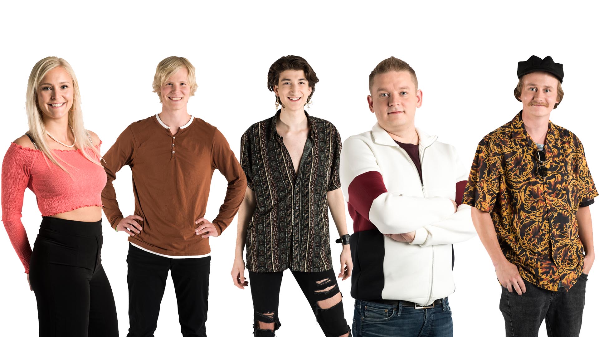 Finaaliviikon asukkaat vasemmalta lukien: Anu, Helmeri, Kevin, Kimmo ja Kristian. Kuvat: © 2019 Petri Mast / Nelonen Media.