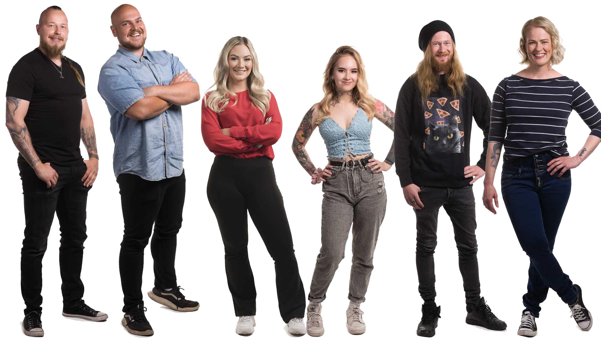 Arttu, Joel, Julia, Kristiina, Olli-Pekka ja Paula pääsivät finaaliviikolle kaudella 2020. Kuva: Jukka Alasaari / Nelonen Media.