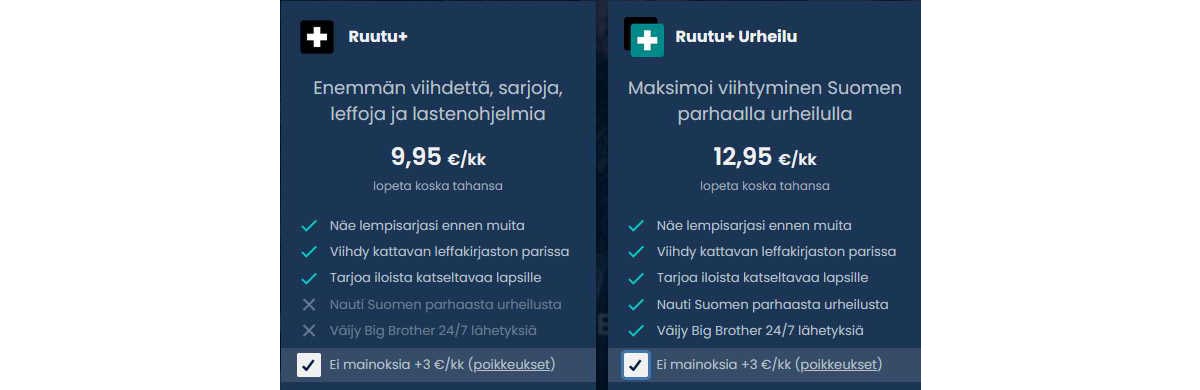 Kuvakaappaus Ruutu+:n tilausvaihtoehdoista heinäkuussa 2022. Kuva: © Nelonen Media.