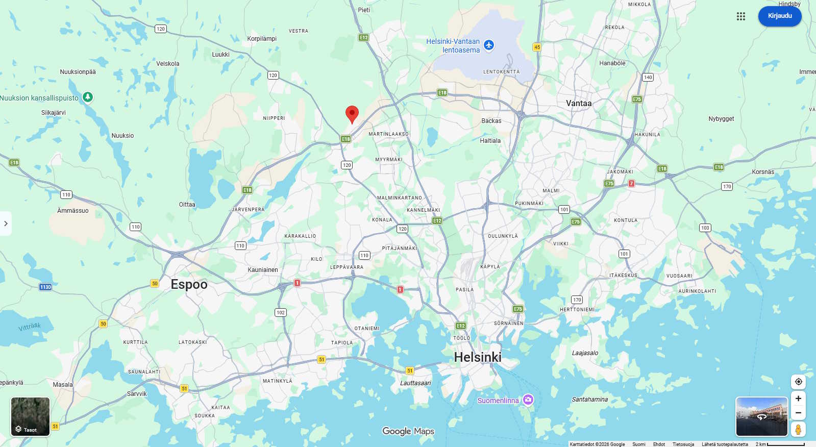 Kiinteistön sijainti on merkitty kartalle punaisella pinnillä. Kuva: © Google Maps.