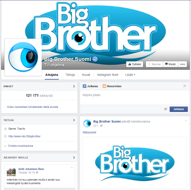 Kuvakaappaus Suomen Big Brotherin Facebook-sivuilta 12.2.2015 (© 2015 Sub)